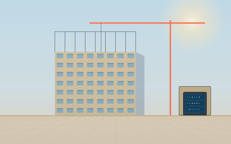 Building under construction with a site cabinet, in daylight