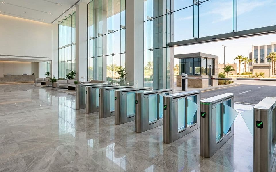 Optical speed gates at the entrance of an office lobby