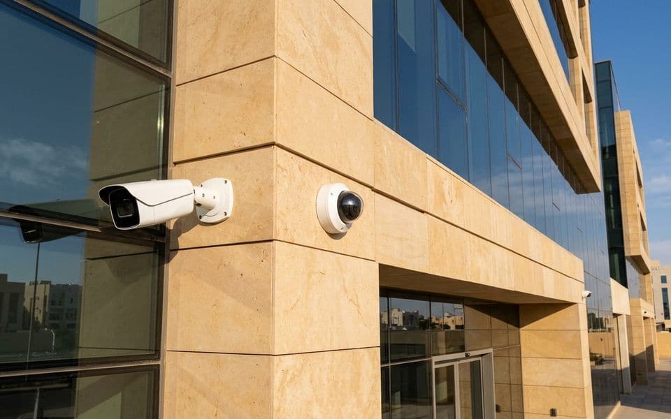 CCTV cameras mounted on the facade of a modern office building