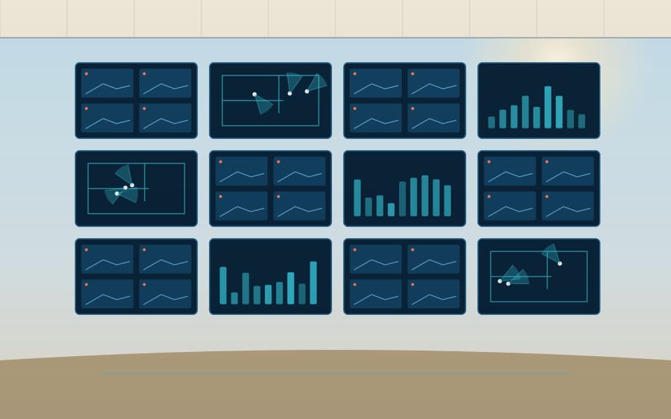 Video wall in a monitoring room showing camera views and floor plans, in daylight