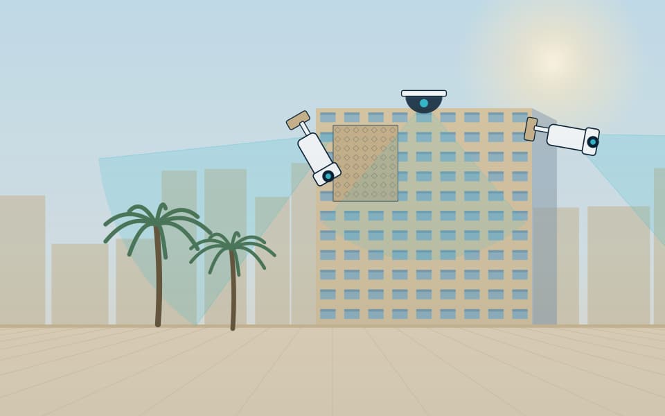 Building facade with external cameras covering the approaches, in daylight