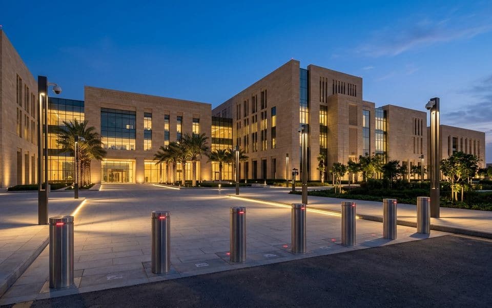 Anti-ram bollards in front of a large building at dusk