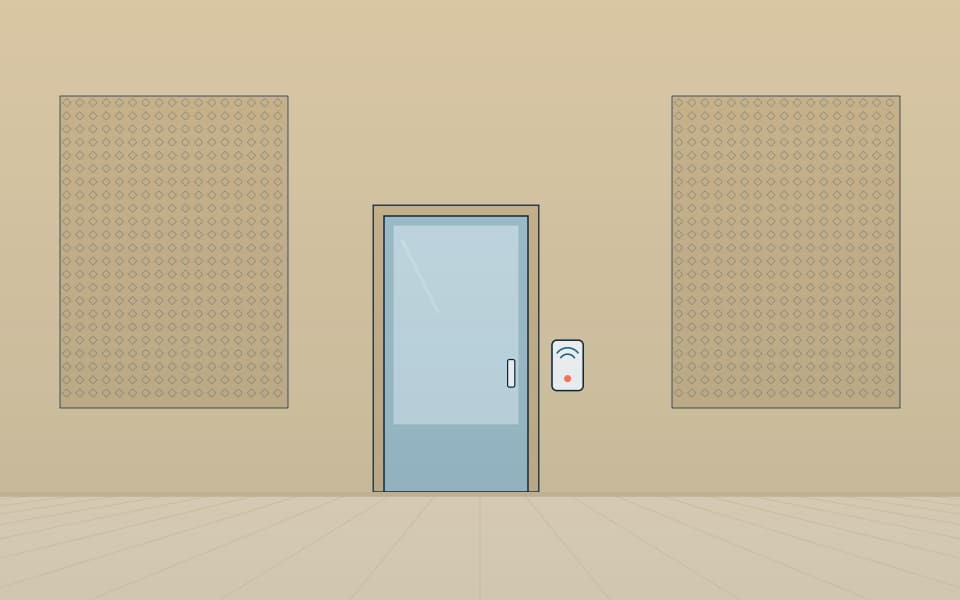 Controlled door with a card reader between screened walls, in daylight