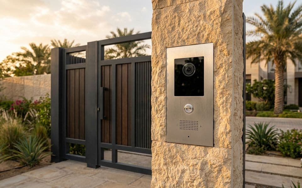 Una placa de videoportero junto a la puerta de una villa