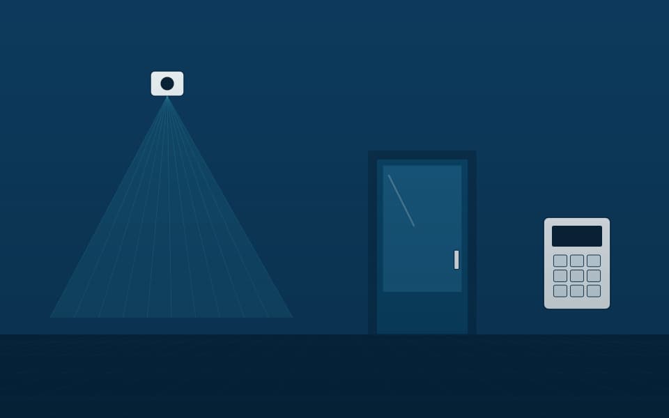 Indoor motion detector covering a door, with an alarm keypad, at night