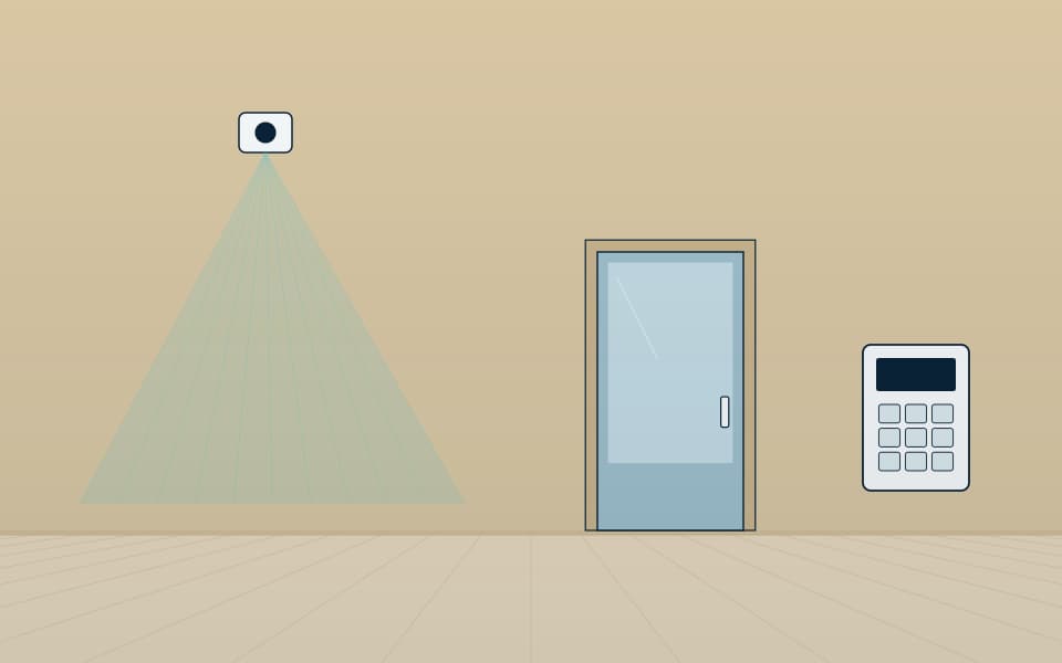 Indoor motion detector covering a door, with an alarm keypad, in daylight
