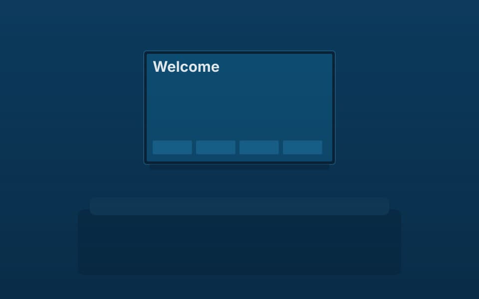 Guest room television with a welcome screen, at night
