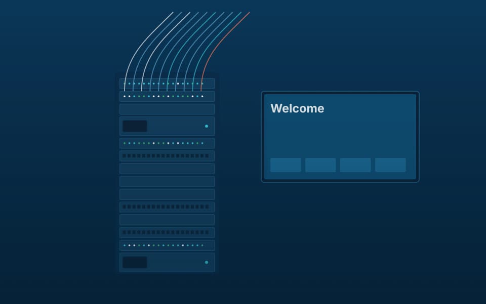 IPTV headend rack beside a channel display, at night