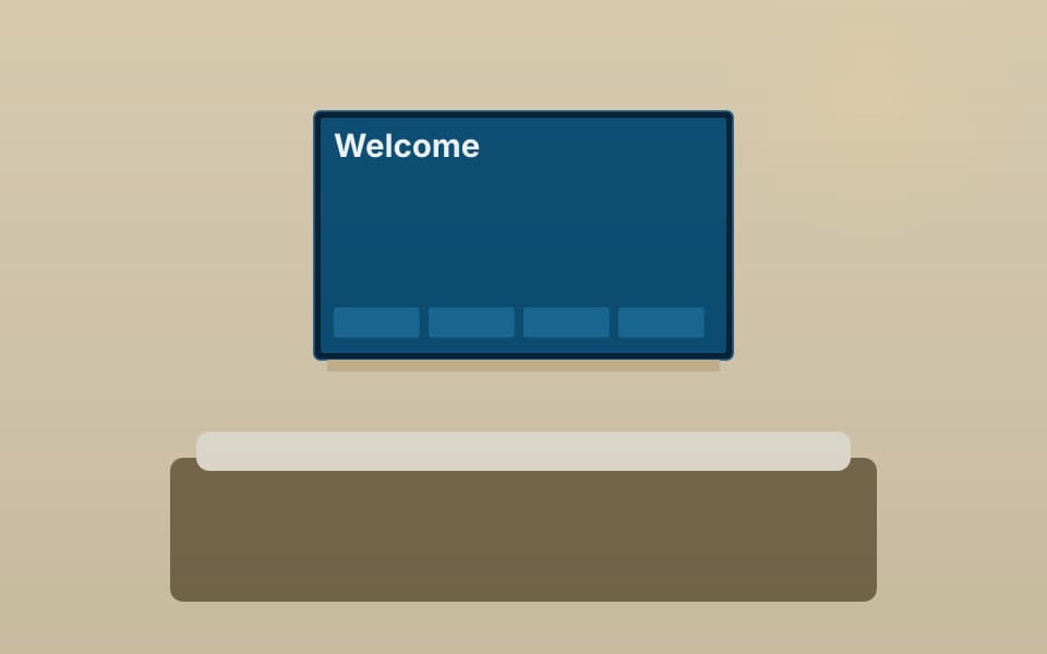 Guest room television with a welcome screen, in daylight