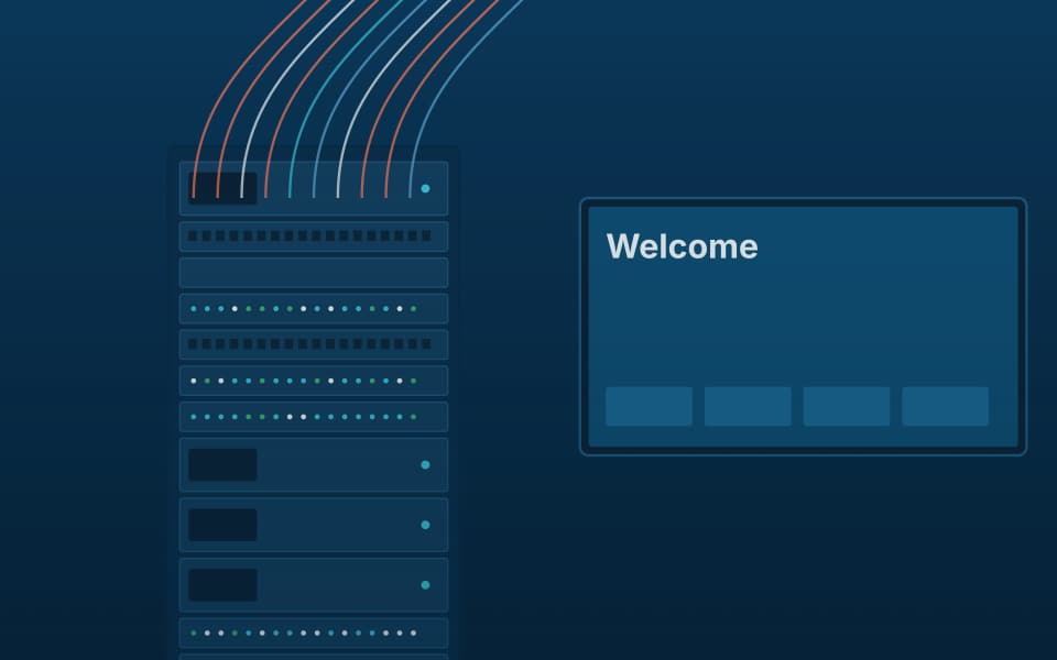 IPTV headend rack beside a channel display (detail), at night