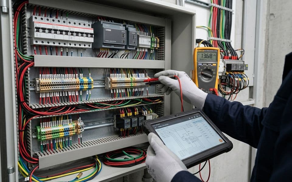 A technician testing an electrical control panel with a multimeter and a tablet