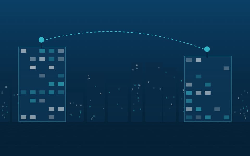 Point-to-point wireless link between two buildings, at night